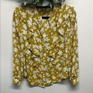NWOT Ann Taylor Mustard Gold & White Floral Ruffled Long Sleeve Blouse XS